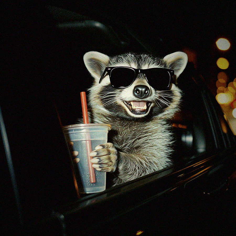Un mapache con gafas de sol asoma por la ventana de un carro negro de noche, sonriendo y con un vaso con pajilla en la pata