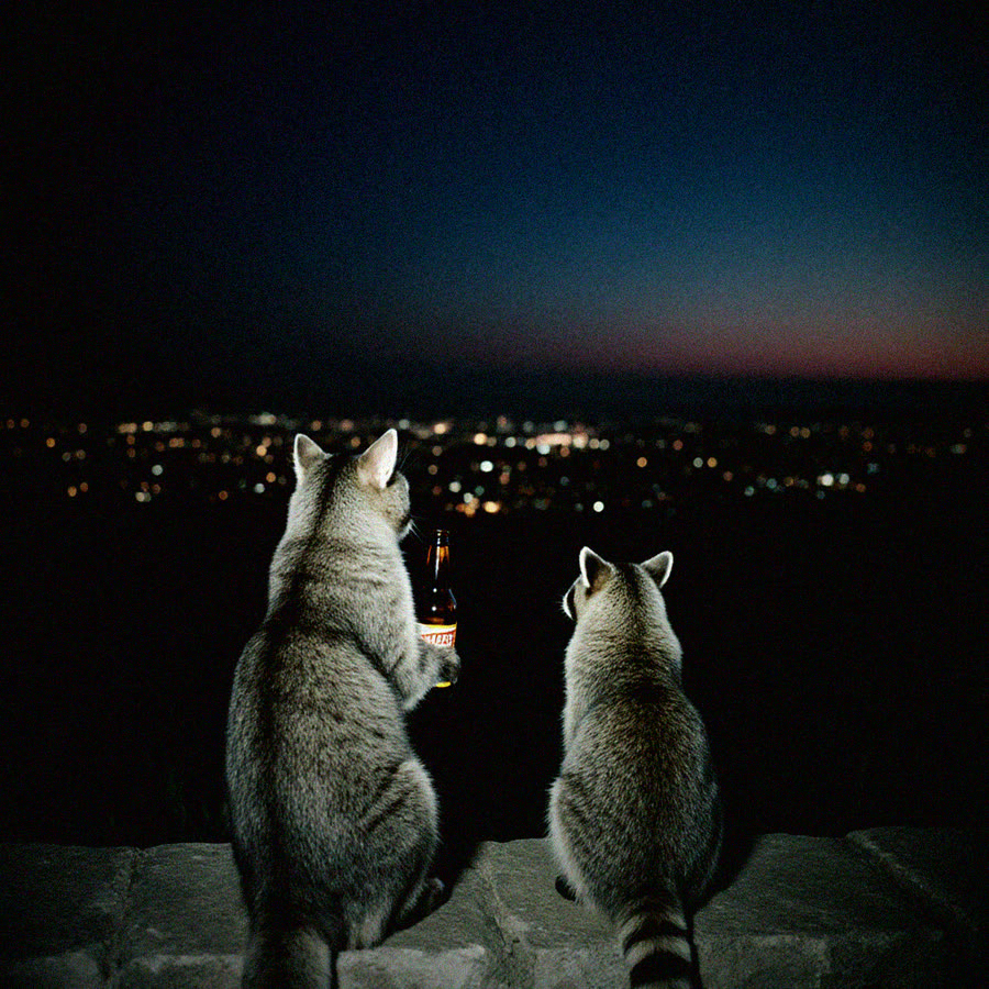 Un gato gris y un mapache sentados en un muro de espaldas, con cervezas, mirando una ciudad iluminada al amanecer
